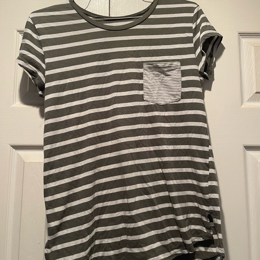 Motherhood Maternity Olive green and white striped tshirt with pocket